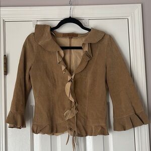 Arden B Tan Suede Leather Ruffle Tie-Front Jacket